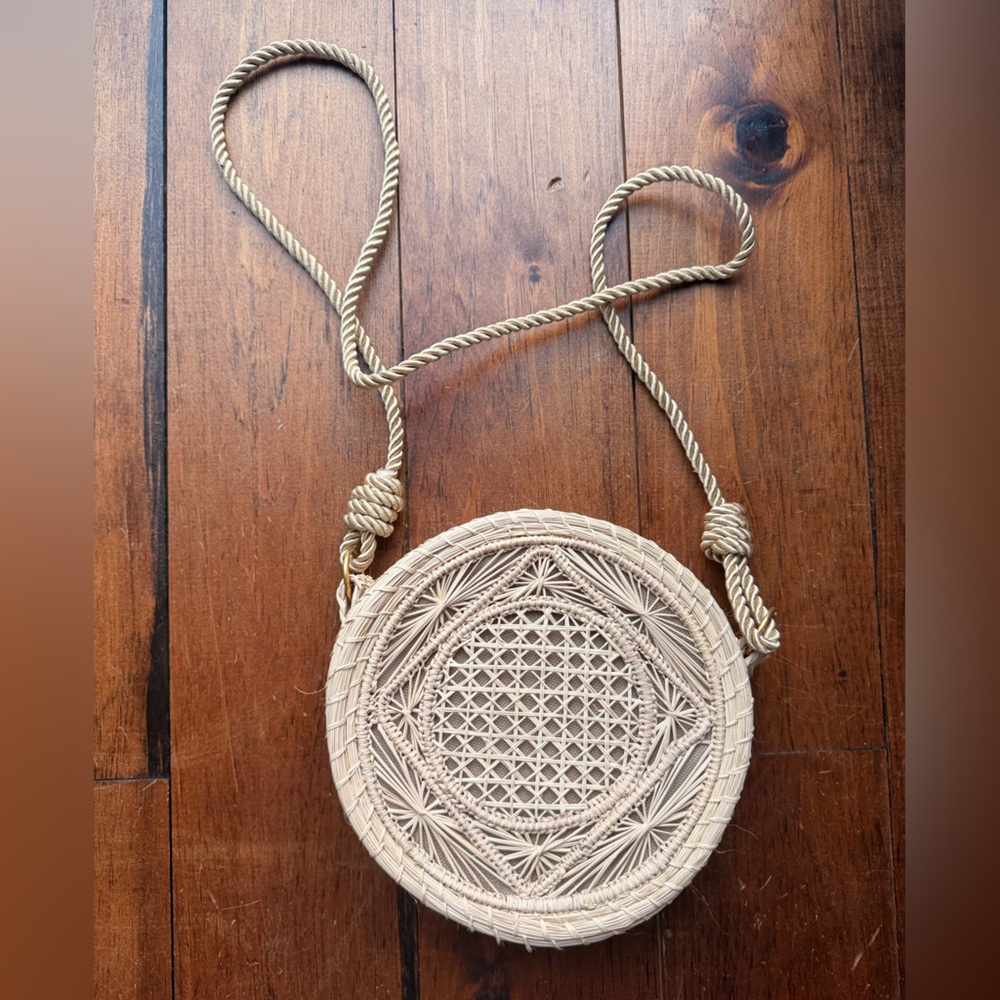 Round Woven Wicker Crossbody Shoulder Bag Cream Tan Boho